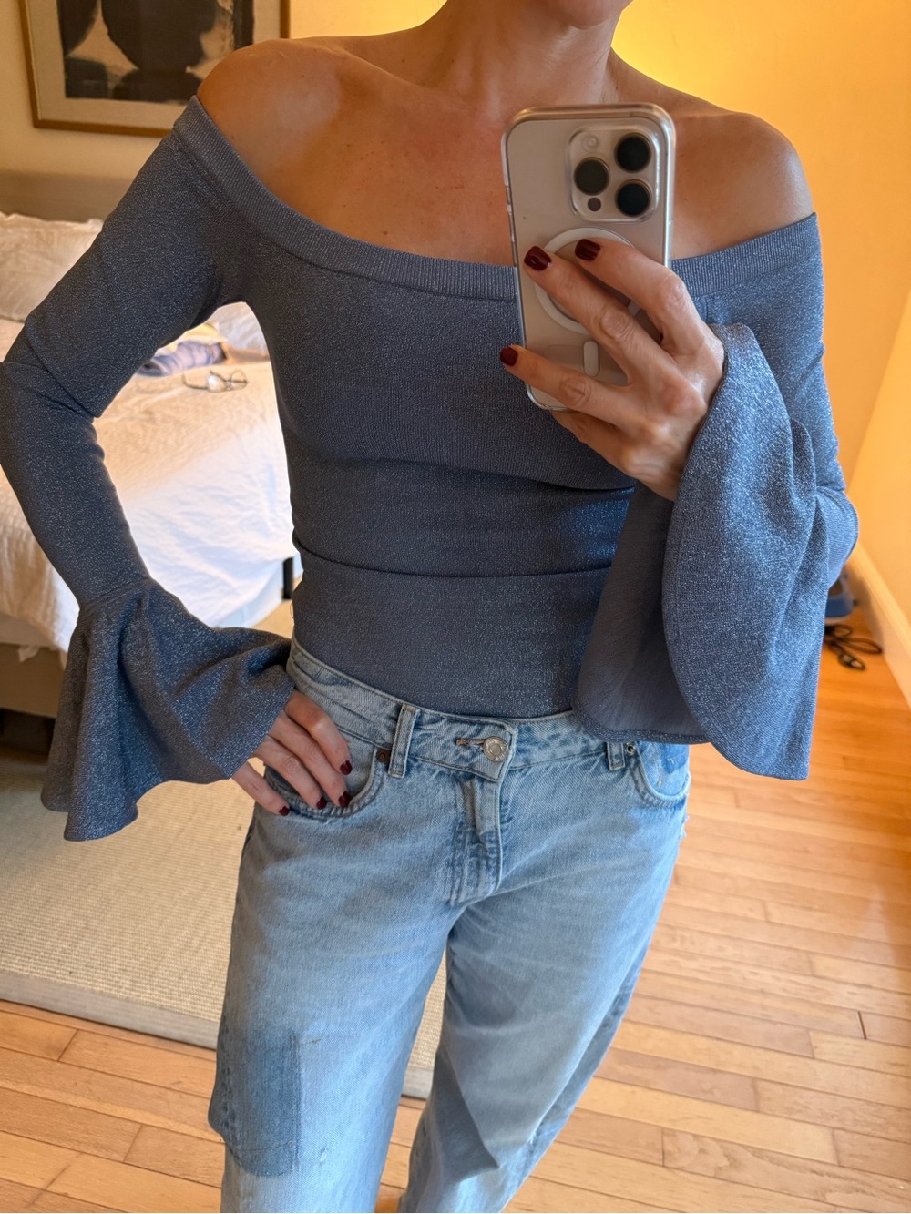Caroline Constas Off-the-Shoulder Bell-Sleeve Sweater in Dusty Blue